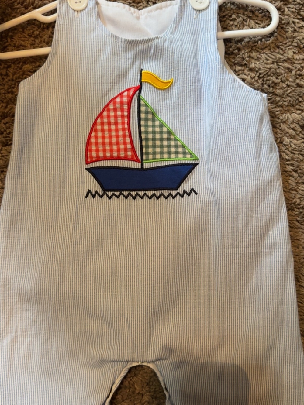 Blue Seersucker Sailboat Appliqué Baby Romper